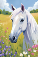 Weißes Pferd in einer blumenbedeckten Wiese