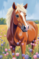 Pferd auf einem Blumenfeld in der Gobelin-Technik