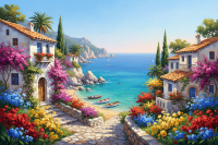 Mediterrane Küstenhäuser mit Blumen