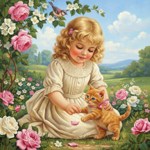 Mädchen, Kätzchen, Rosengarten, Idylle