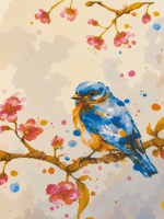 Blauer Vogel auf blühendem Ast